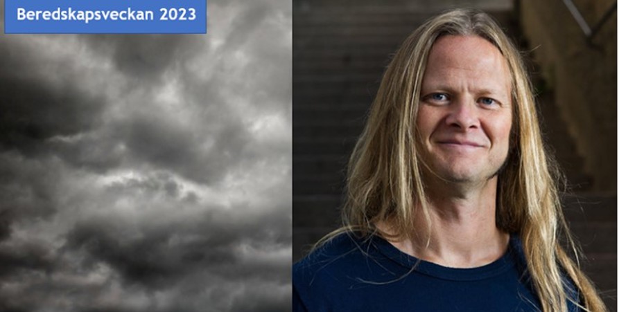 Två bilder hopsatta. Till vänster en bild på mörka moln. Till höger en bild på Herman Geijer som har långt blont hår och en blå tröja.